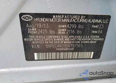 2013 Hyundai Sonata Se z USA, uszkodzony, nr VIN 5NPEC4AC0DH797565